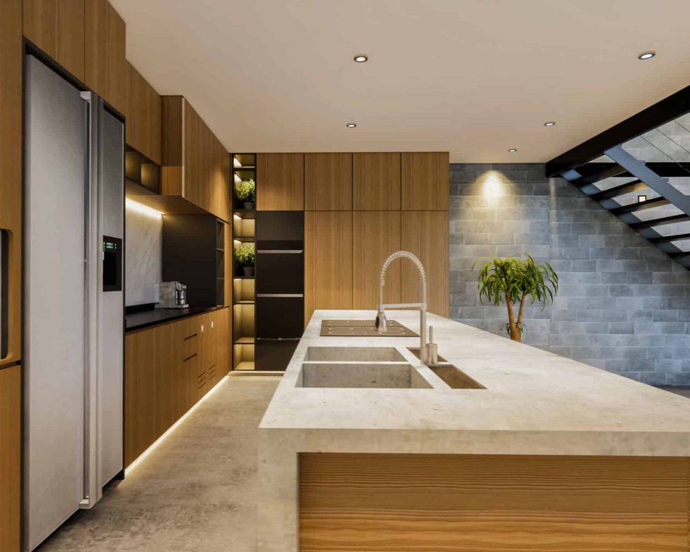 3d rendering. Interior house modern open living space with kitch 3d rendering. Interior house modern open living space with kitchen.Loft style Duplex apartment residence.Home decoration luxury interior design.