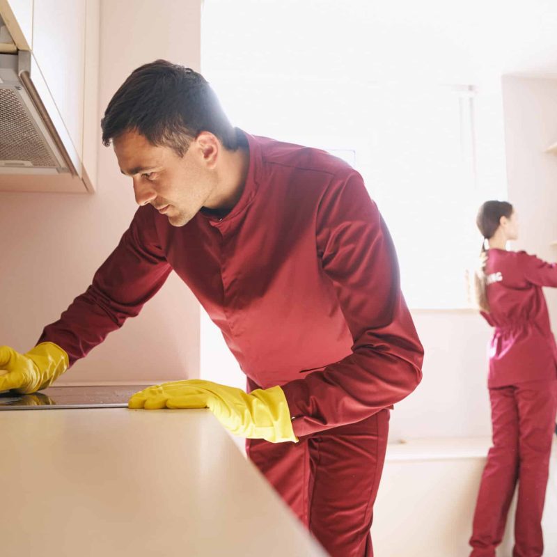 Focused housecleaner wiping induction cooktop with sponge while his colleague dusting furniture
